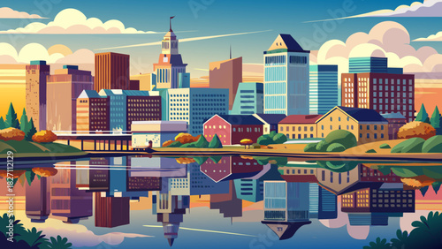 Very beautiful panoramic cityscape showcasing Providence’s downtown skyline reflected on the calm river, with a harmonious blend of modern and historic architecture under soft daylight in a peaceful 