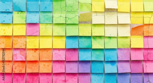 Vibrant mosaic of sticky notes in spectrum shades plastered on a textured surface for organization and creativity