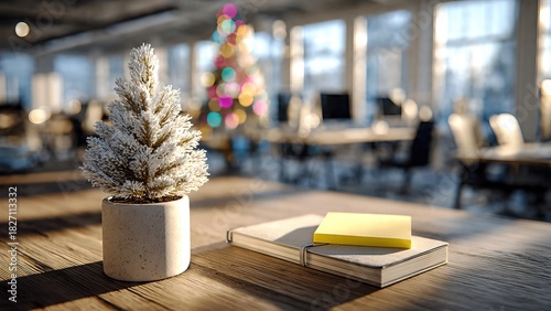 Small festive Christmas tree on a vacant office desk with stationery, symbolizing a quiet and forgotten holiday mood