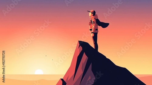 A Person Atop a Mountain, Overlooking a Scenic Sunset, Achieving a Milestone