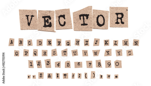Old Brown Newspaper Cutout Letters Numbers and Punctuations Ransom Note Vector Set