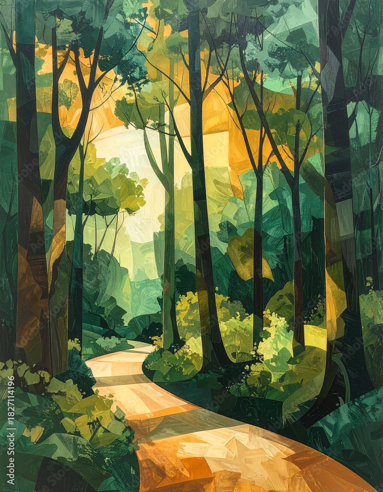 Obraz premium Cubist abstract forest overlap vibrant pathway through nature artistic landscape serene environment aesthetic viewpoint