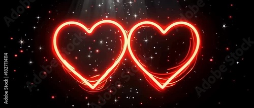  Two Glowing Neon Hearts on Black Background