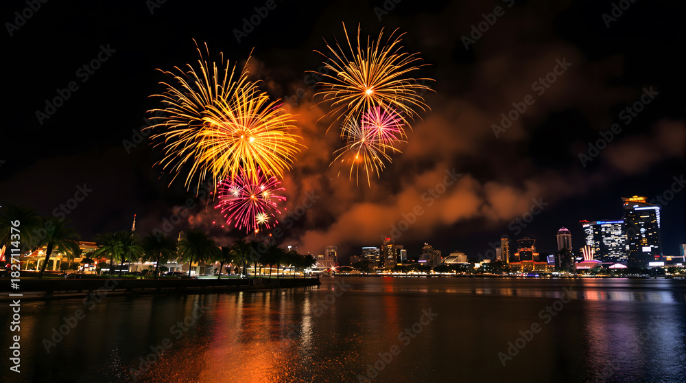 Fototapeta premium Colorful Fireworks Display Over Water Illuminated Night Sky with City Skyline View