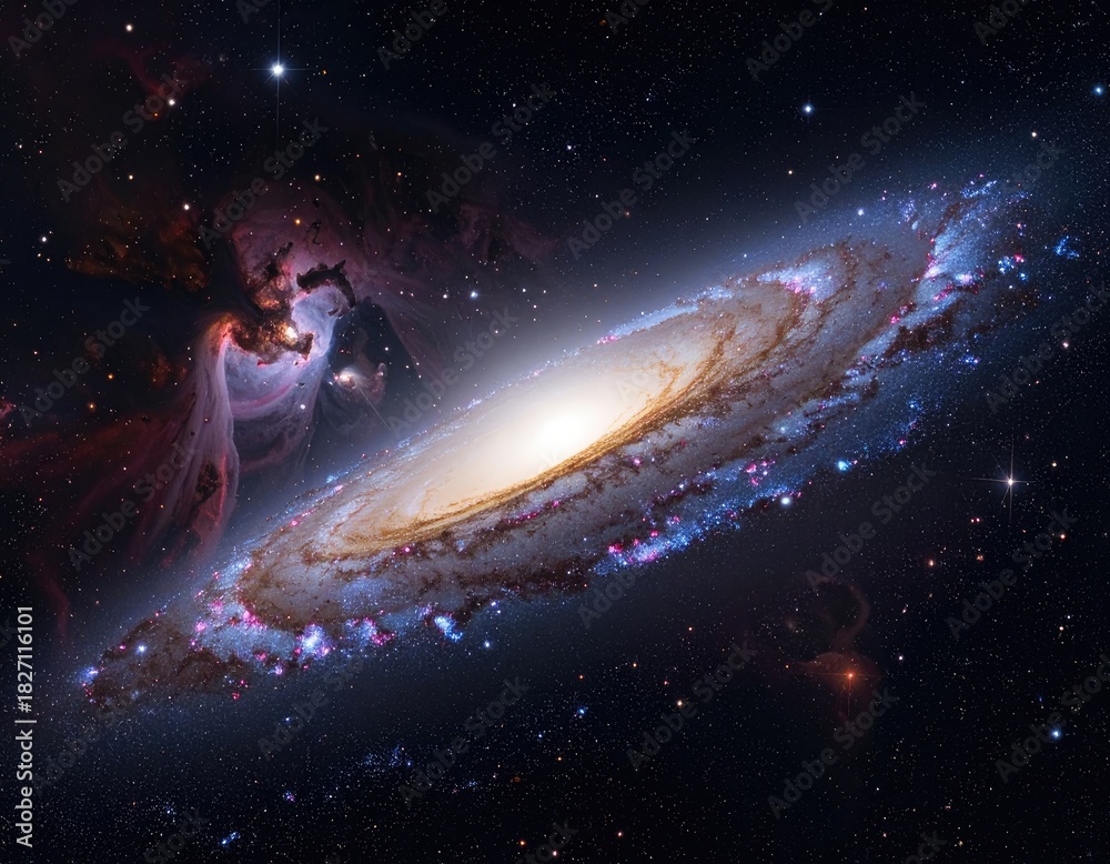 Obraz premium Angled spiral galaxy with a glowing core and cosmic dust near a vast nebula