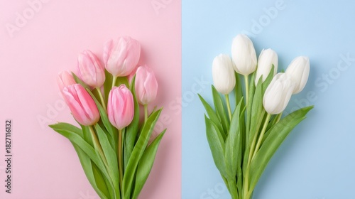 A Beautiful Display of Pink and White Tulips Against Soft Pastel Backgrounds Perfect for Celebrating Spring, Freshness, and Natural Beauty