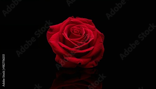 A single red rose blossom isolated against a plain black background with a subtle reflection below