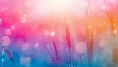 Abstract background with wheat stalks and bokeh lights in pink orange and blue colors creating a dreamy effect