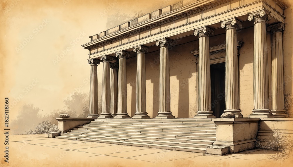 Fototapeta premium Classical building sketch with columns, steps shows ancient architecture. Detailed line drawing art with shadows on textured paper creates historic atmosphere. Ideal for educational or travel content.