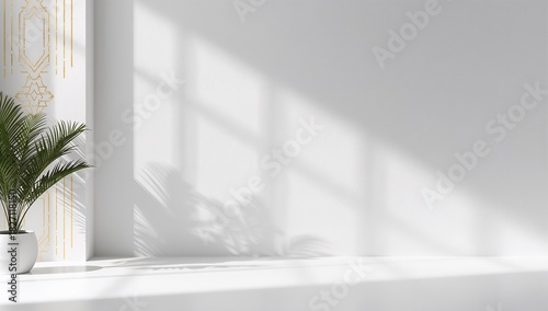 A plant in a white pot sits next to a white wall with light streaming through a window casting shadows