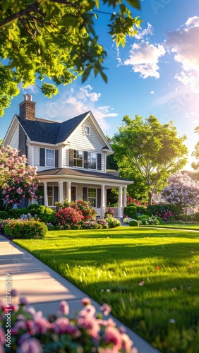 Two-story home with porch, surrounded by lush green lawn, flowers, trees, and blue sky