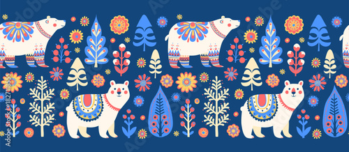 Scandinavian Polar Bears Seamless Border Pattern, Cute Nordic Winter Vector Illustration. Folk Art Bears and Trees, Colorful Repeat Design. Christmas Polar Bear on Blue Background, Cozy Holiday Print