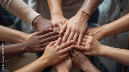 Close up of diverse hands in a team supporting each other, symbolizing unity and collaboration. 4k video