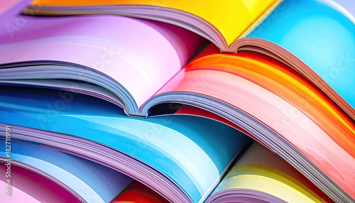 Colorful, open magazines stacked, showcasing vibrant pages and shades