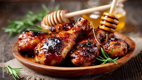 A plate of chicken wings with honey on top