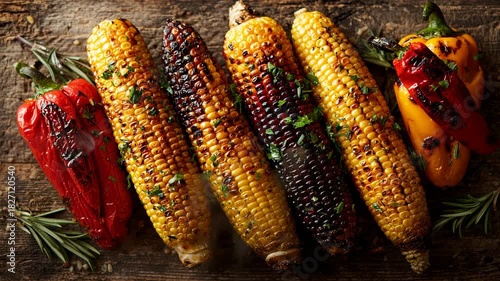 A bunch of corn and peppers on a wooden table