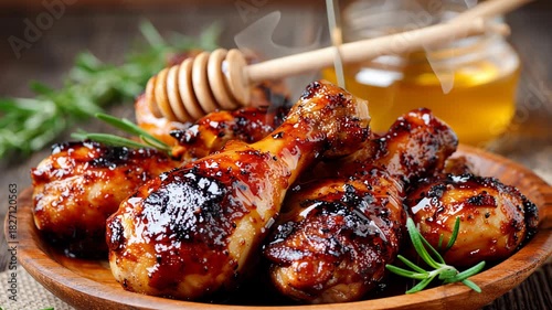 A plate of chicken wings with honey on top