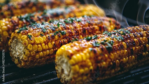 A row of corn on a grill closeup