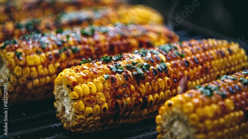 A row of corn on a grill closeup