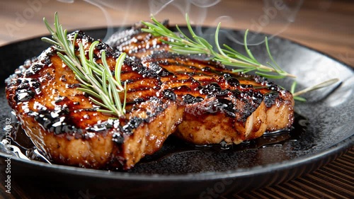 Three pieces of  bbq meat with rosemary on top, black ceramic plate