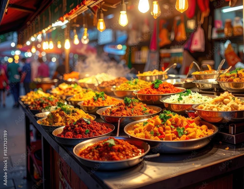 Fototapeta premium Food stall display with various dishes, steaming, under string lights
