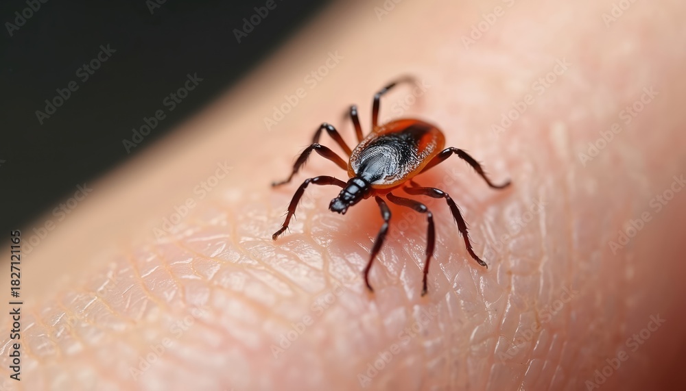 Obraz premium Close-up of a tick crawling on human skin. Macro photo reveals insect anatomy. Medical illustration of parasite risk and disease awareness. Lyme disease concept photo for educational purposes.