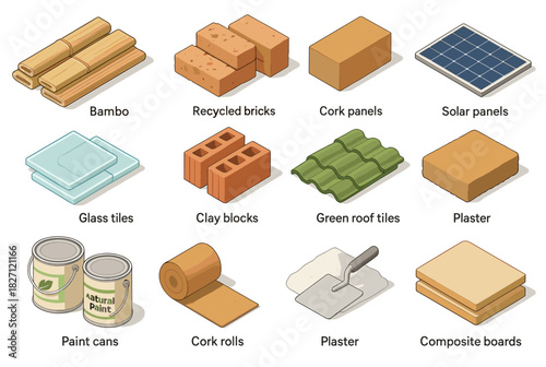 Eco-friendly construction materials: bamboo, recycled bricks, cork panels, solar panels, more