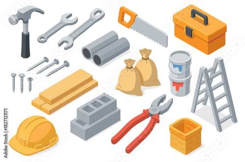 Isometric construction tools set with hammer wrench saw pliers paint ladder