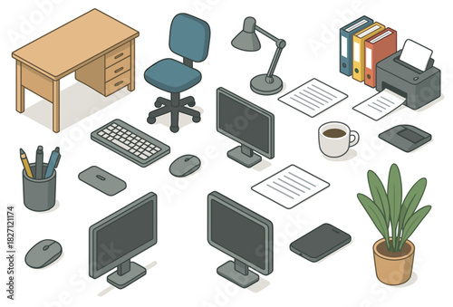 Isometric office workspace with desk, chair, computers, and office supplies