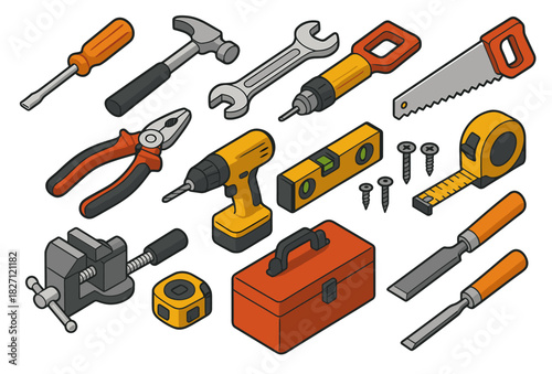 Set of hand tools and power tools for home improvement projects