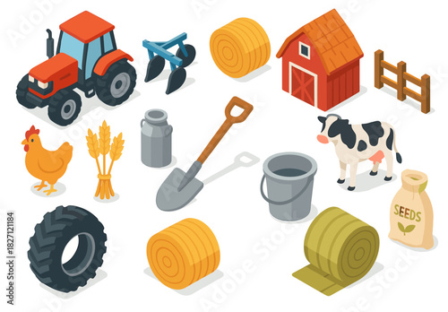 Isometric farm equipment collection with tractor, barn, and animals