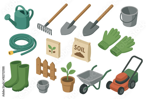Isometric gardening tools collection with hose, shovels, gloves, and lawn mower