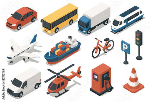Isometric transport icons: car, bus, truck, train, airplane, ship, bicycle, helicopter