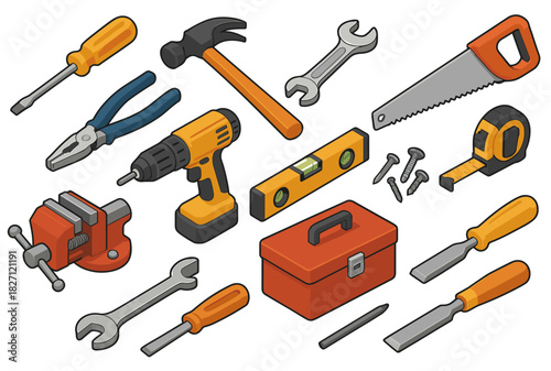 Essential hand tools collection: hammer, screwdriver, wrench, and more