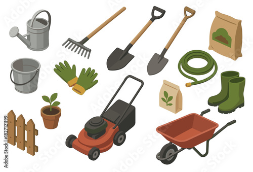 Garden tools collection: shovel, rake, lawn mower, watering can, gloves, hose, wheelbarrow