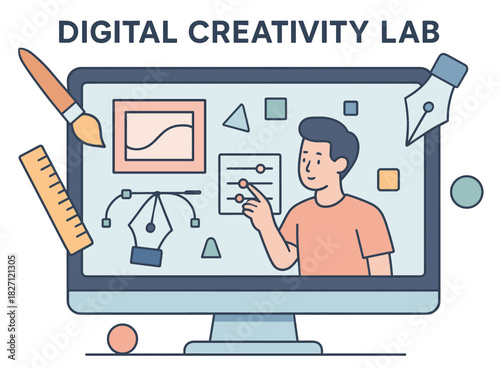 Young asian male engaging in digital creativity lab with design tools