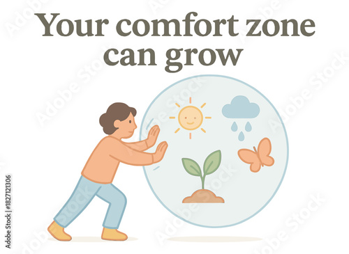 Young caucasian child expanding comfort zone with symbolic growth elements