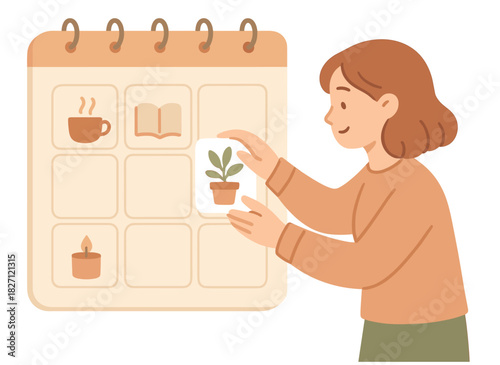 Female planning calendar with icons of tea book candle and plant