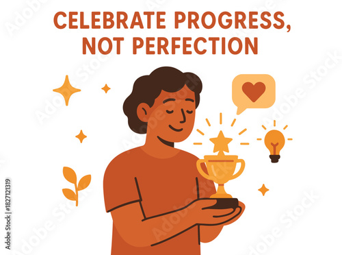 Celebrate progress: young male holding trophy with positive icons