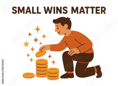 Young caucasian male celebrating success with stacked coins and stars