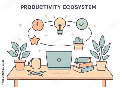Productivity ecosystem: desk with plants, laptop, books, and creative icons
