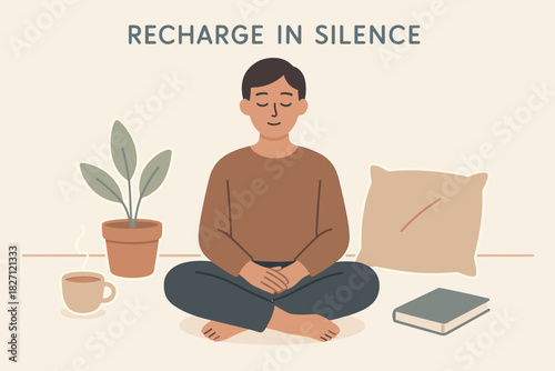 Young asian male meditating indoors with book and plant for relaxation