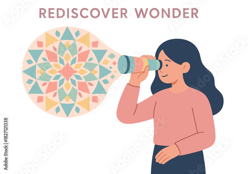 Female exploring kaleidoscope world: rediscover wonder