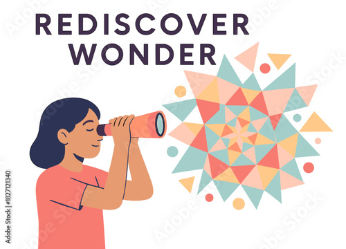 Female child exploring abstract patterns through a telescope