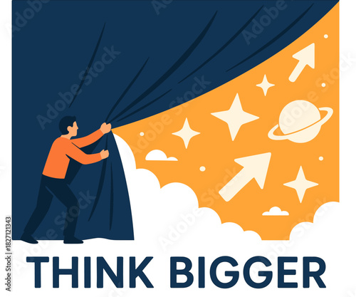 Male opening curtain to universe of creativity and growth