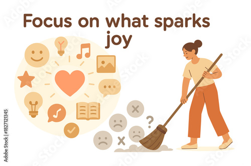 Woman sweeping negativity away and embracing joyful elements