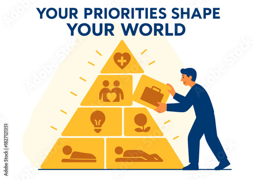 Male building personal development pyramid with symbolic layers of health, relationships, knowledge, career