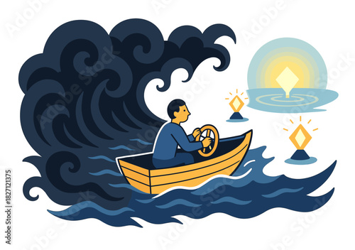 Man navigating stormy seas toward guiding lights in a small boat