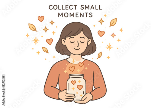 Young asian female collecting happy moments in a jar illustration