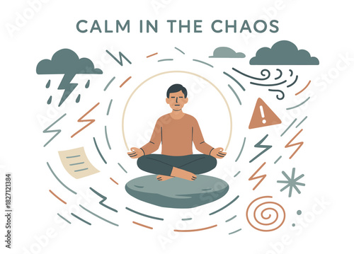 Male practicing meditation amidst chaotic elements for inner peace